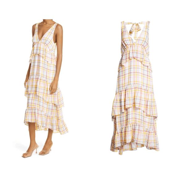 NWT CINQ À SEPT Astor Sleeveless Tiered Plaid Maxi Dress in Size 10 White Multi - Picture 2 of 7